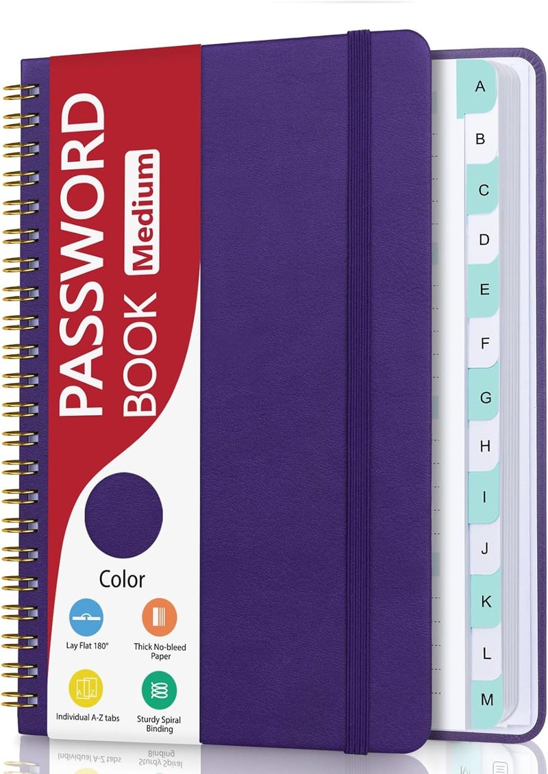 Homlive Spiral Password Book with Individual Alphabetical Tabs, Hardcover Password Keeper Book for Seniors, Password Notebook for Home or Office & Website Address Login-Purple, 5.7" x 7.7" - Image 1
